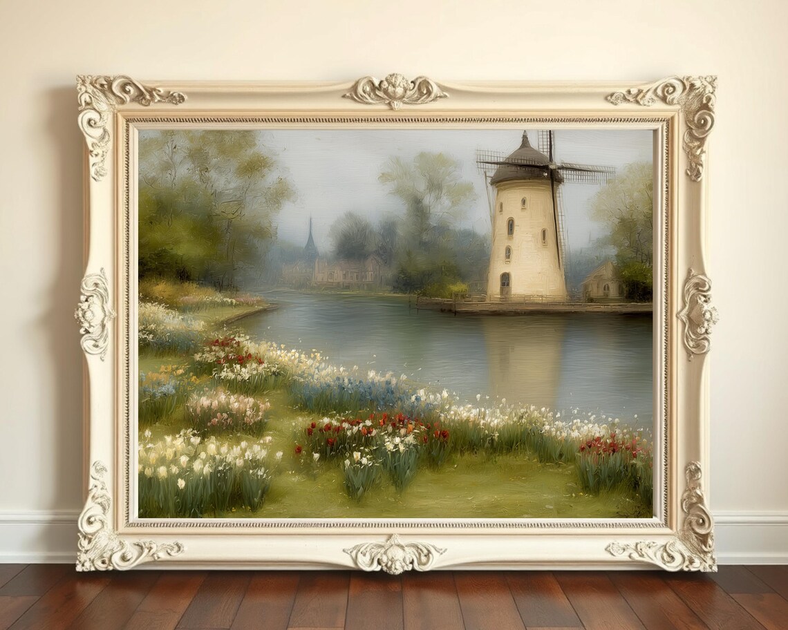 Dutch Windmill Tulips Canal Misty Vintage Oil Painting Print
