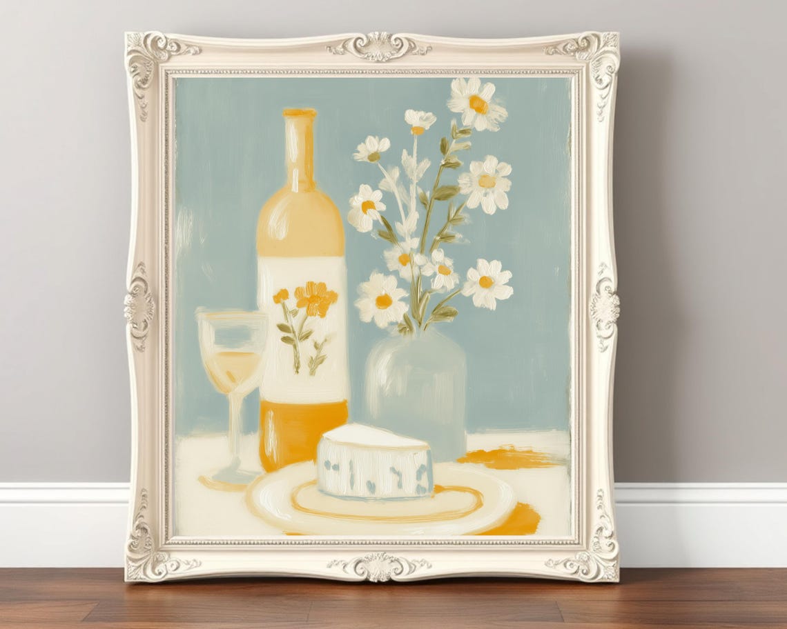 White Wine Bottle Cheese and Daisies Rustic French Table Art Poster