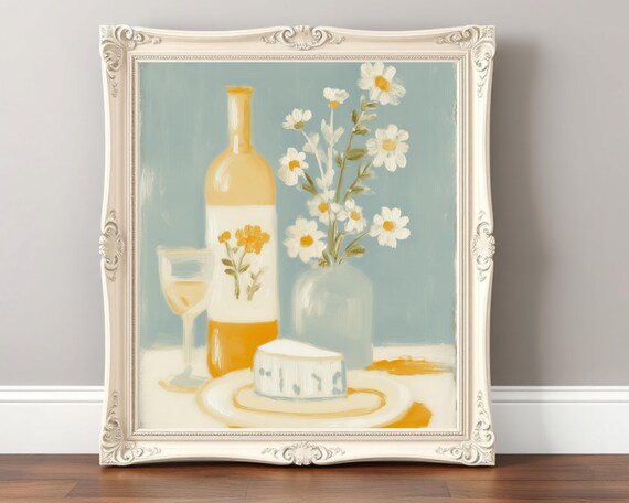 White Wine Bottle Cheese and Daisies Rustic French Table Art Poster