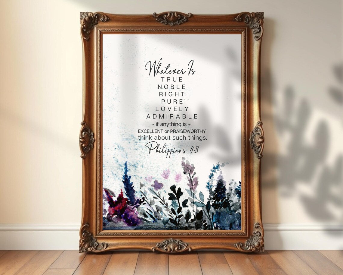 Philippians 48 Bible Verse Wall Art Floral Christian Decor Scripture Prints Watercolor Flowers Artwork