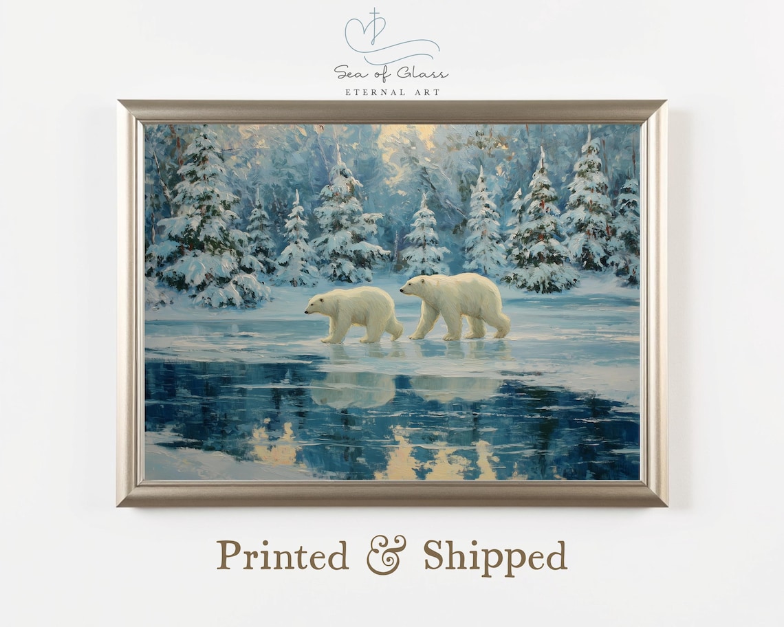 Polar Bear Oil Painting, Winter Wildlife Art Print