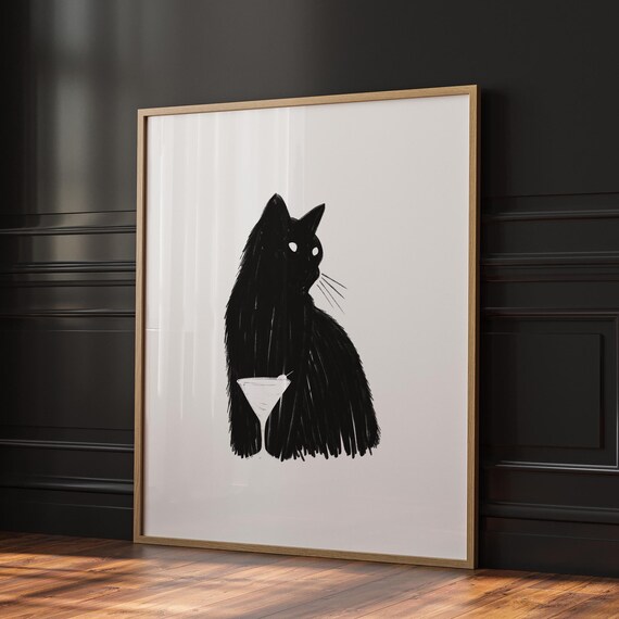 Black Cat Minimalist Art Print, Cocktail Decor