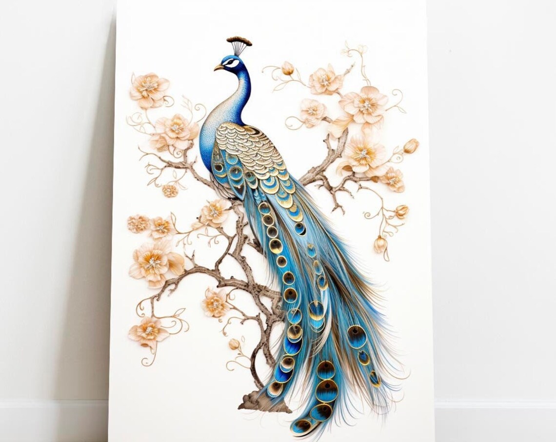 Elegant Peacock Pastel Flowers White Blooming Branch Bird Art Poster