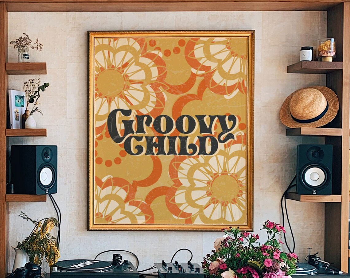 Groovy Child Mustard Brown Floral 70s Bohemian Retro Art Poster