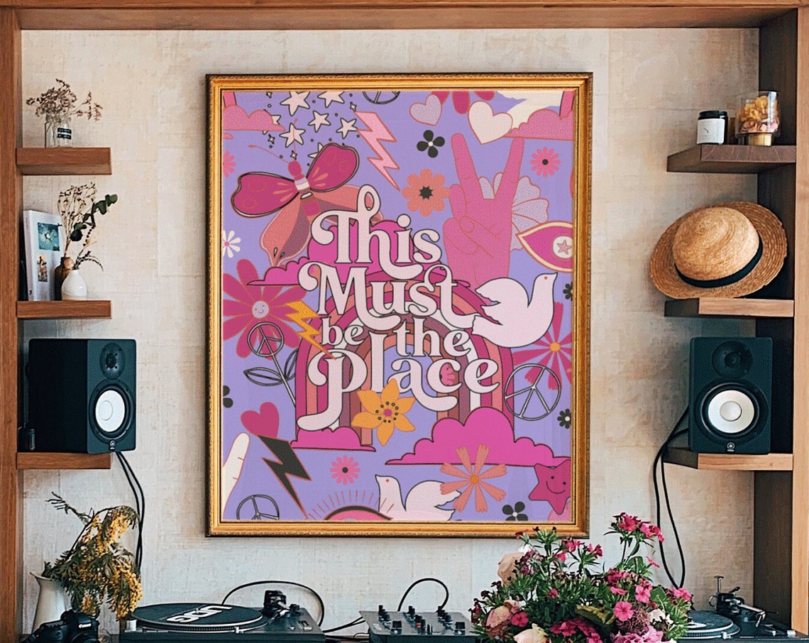 This Must Be The Place Purple Doodle Collage Retro 70s Art Poster