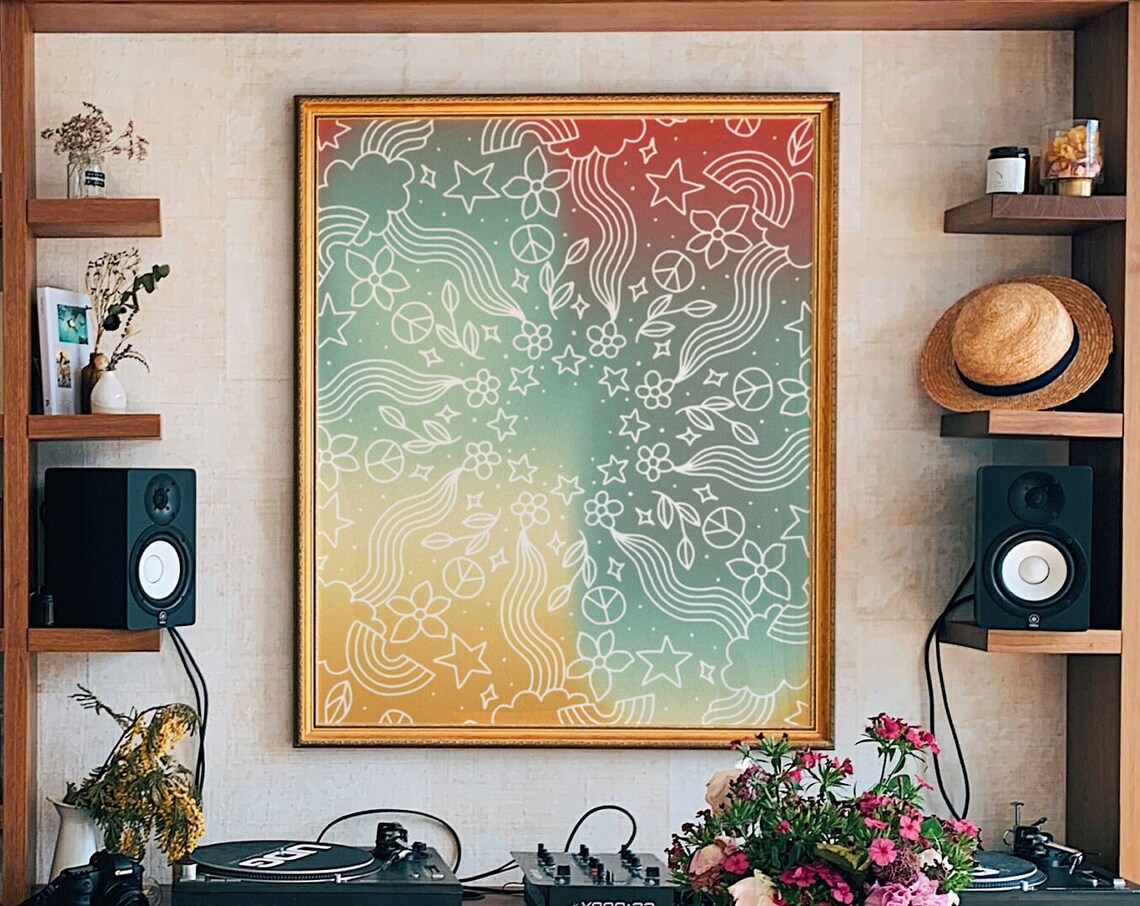 Retro Sun And Moon Doodle Pattern Groovy 70s Tri-Color Art Poster