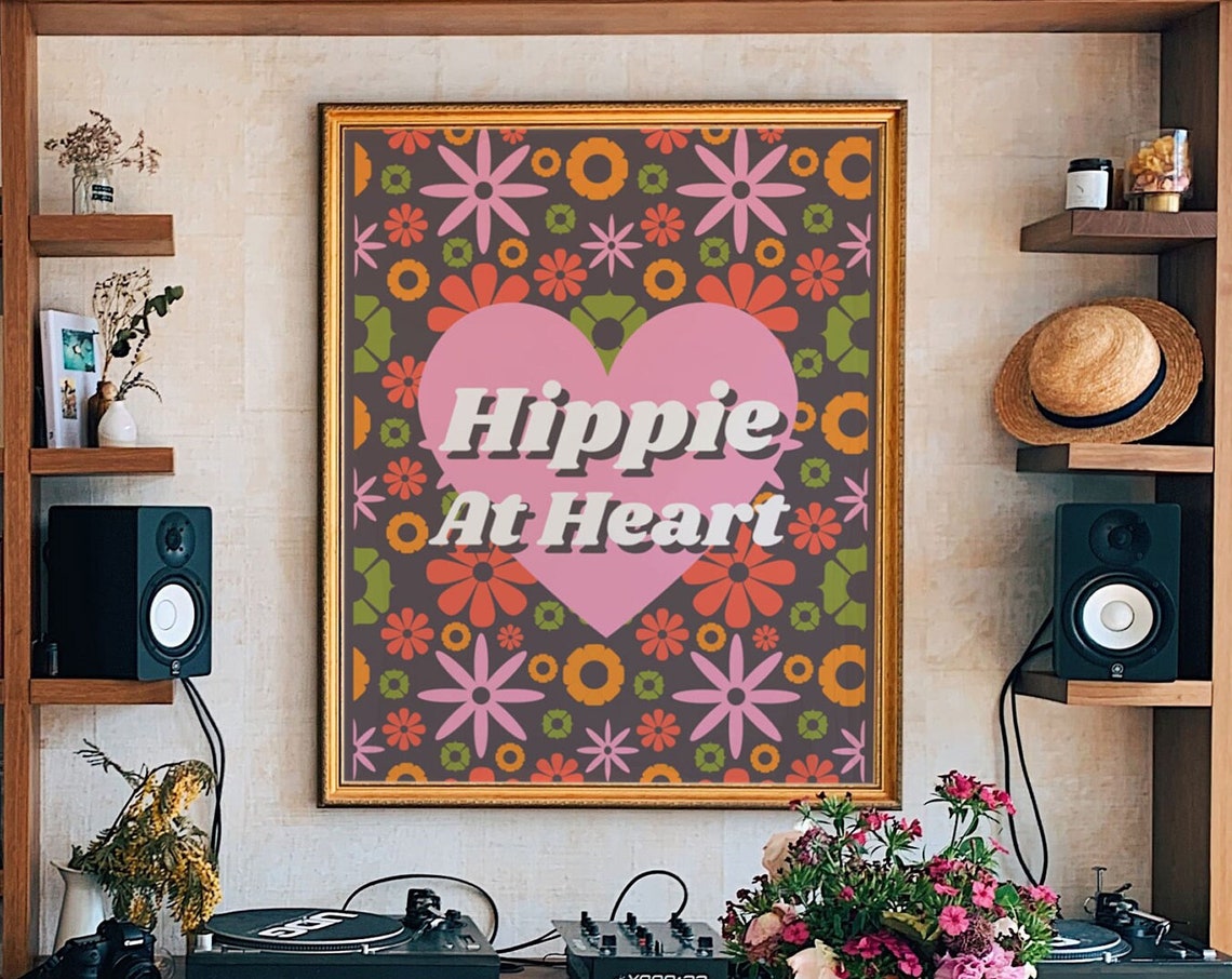 Hippie At Heart Pink Heart Floral Pattern Bold Retro Art Poster