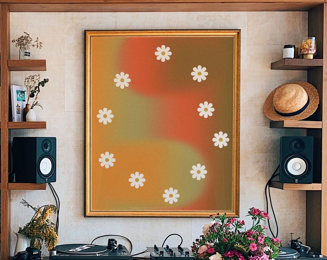 Orange Gradient Wash White Daisy Flower Minimalist Boho Art Poster