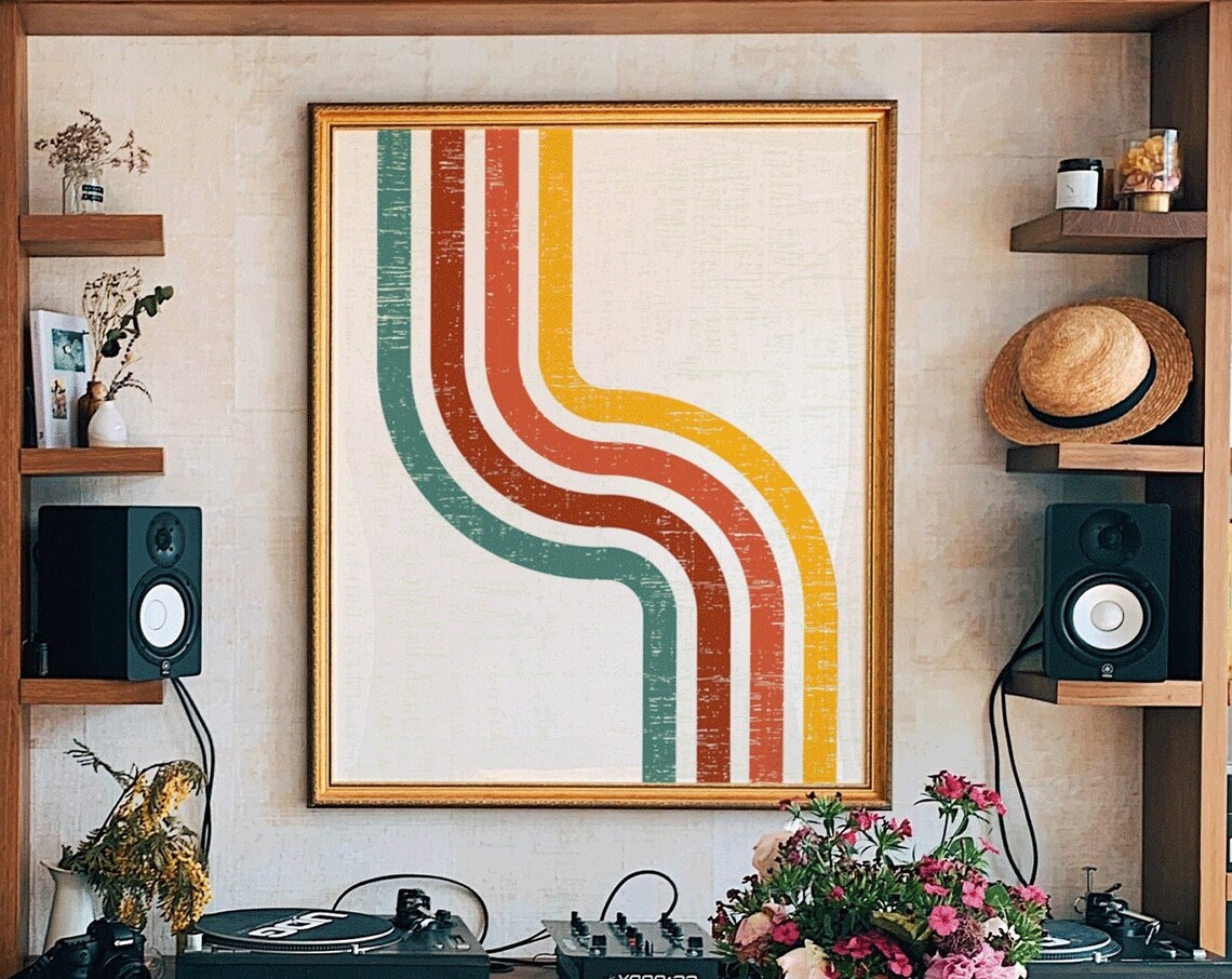 Distressed Curved Retro Rainbow Stripes Earth Tone Mid Century Poster