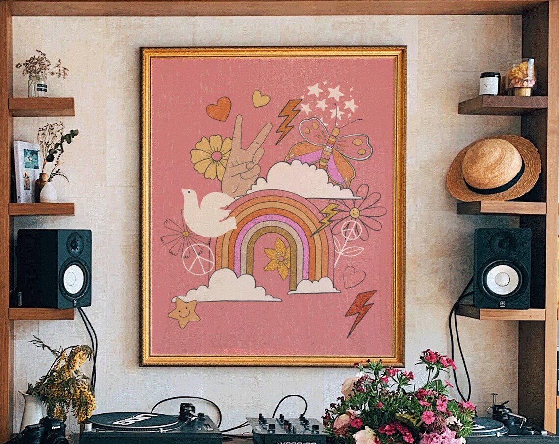 Pink Hippie Doodle Collage Rainbow Peace Flowers 70s Art Poster