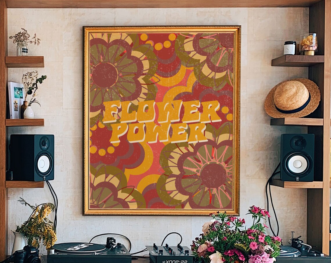 Flower Power Brown Red Groovy 70s Hippie Floral Retro Poster