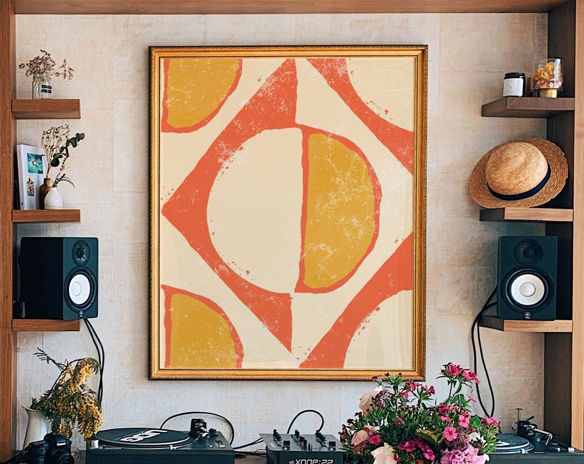 Coral Tangerine Abstract Geometric Sun Shape Modern Art Wall Poster