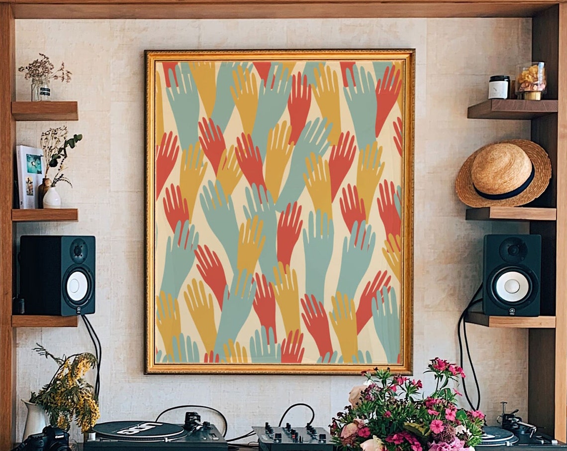 Colorful Raised Hands Pattern Retro Unity Diversity Art Wall Poster