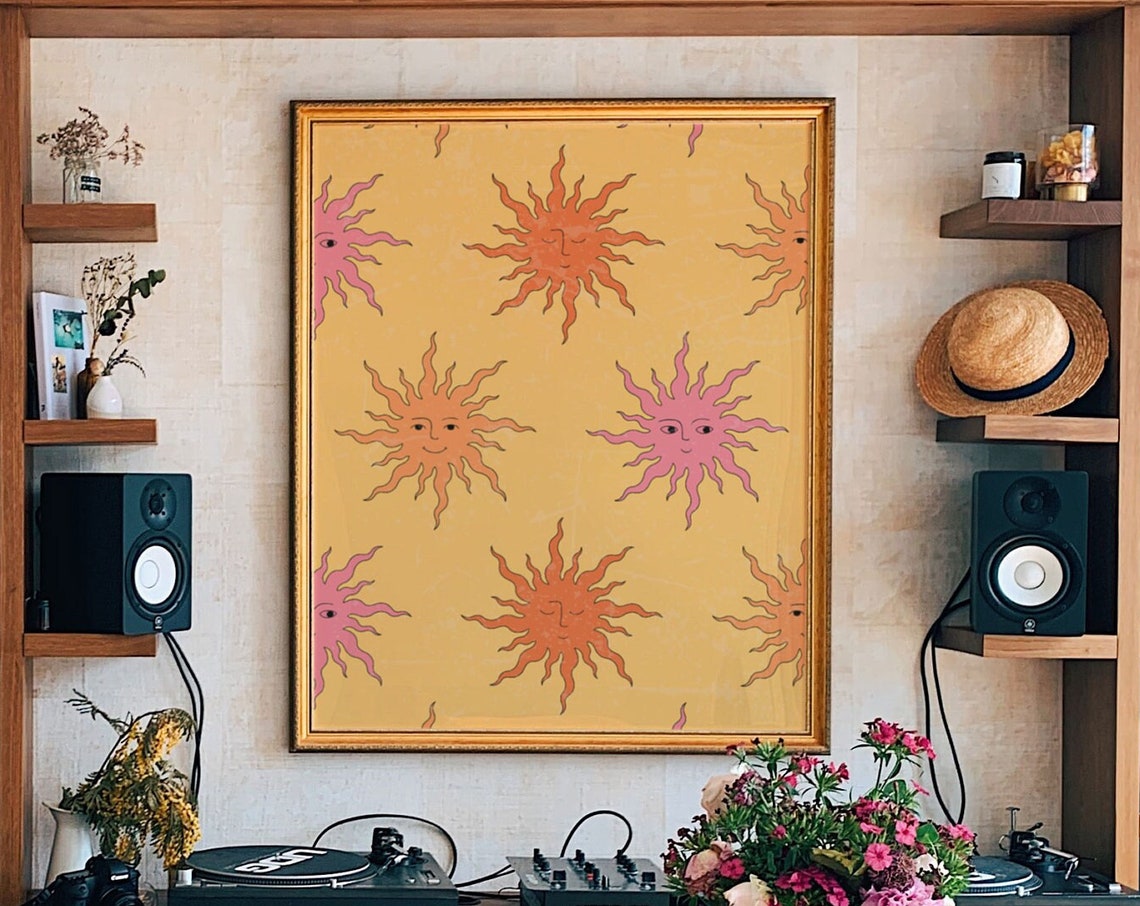 Boho Smiling Sun Faces Pattern Yellow Golden Retro 70s Art Poster