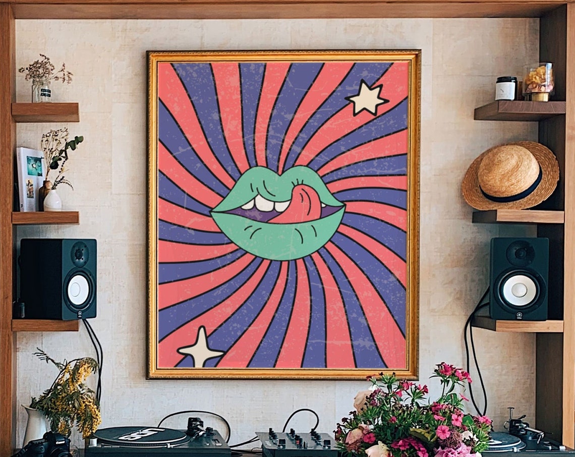 Retro Green Lips Tongue Out Sunburst Pop Art Bold 70s Poster