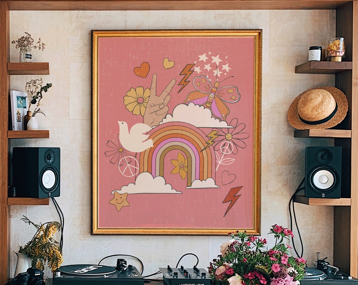 Pink Groovy Doodle Rainbow Peace Dove Butterfly Hippie Art Poster