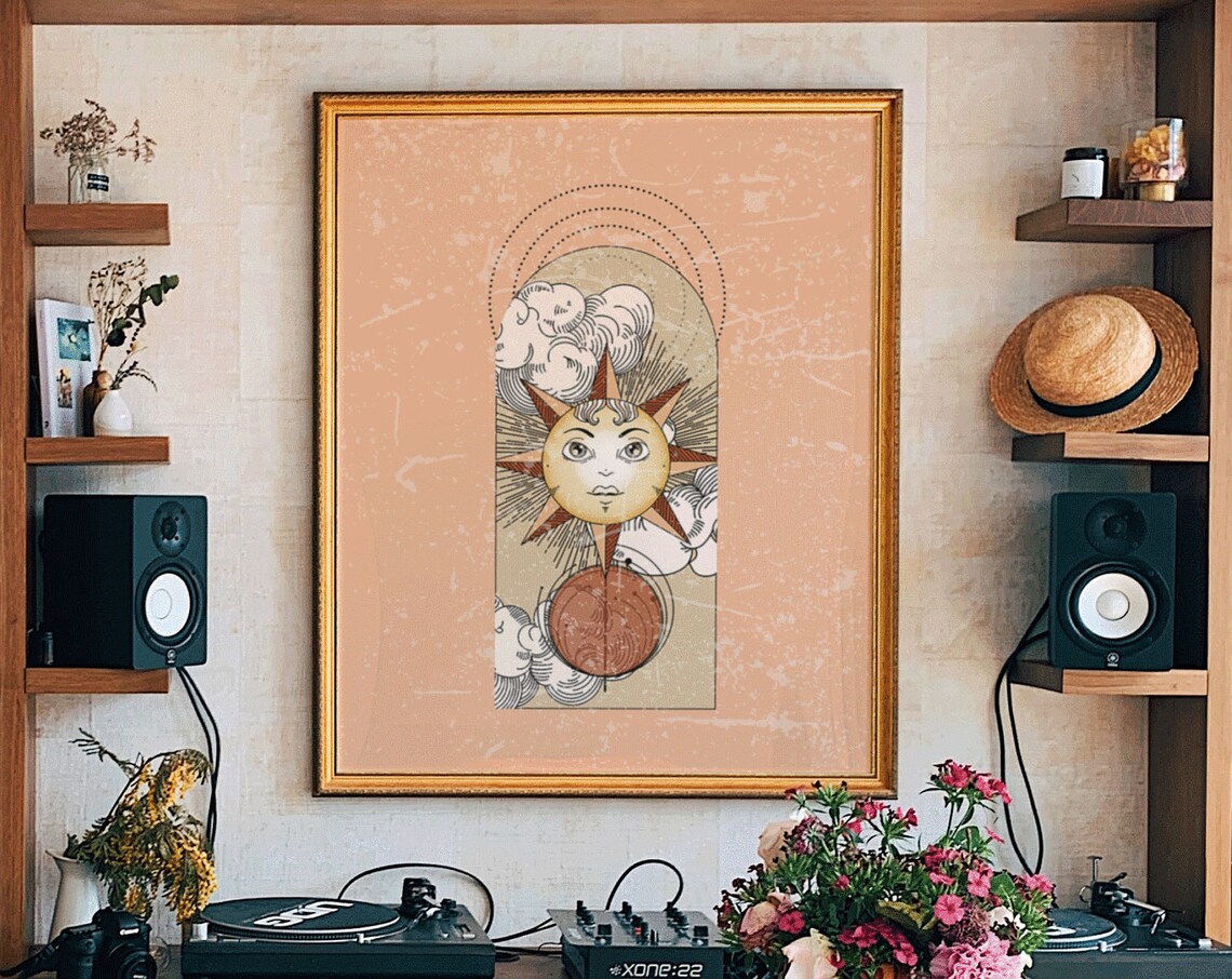 Celestial Sun Face With Moon Medallion Peach Vintage Spirit Poster