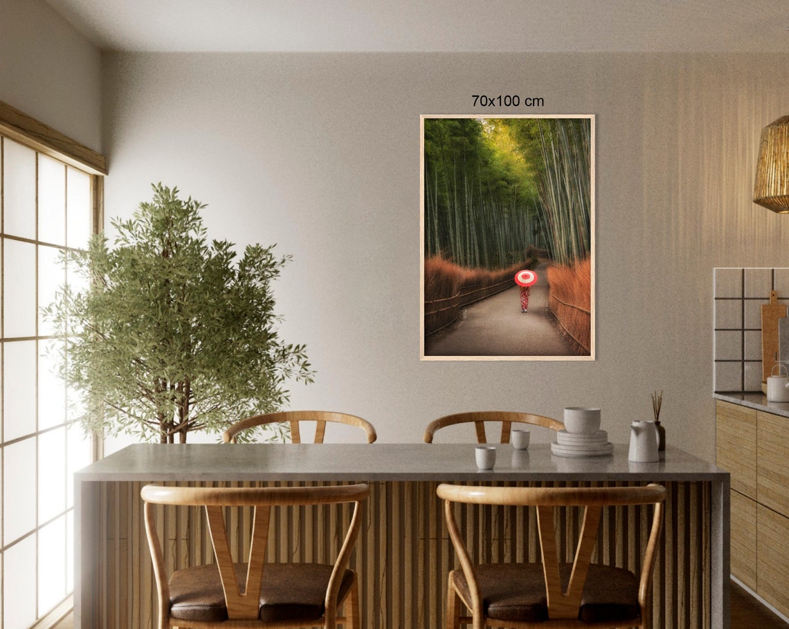 Bamboo Forest Path With Woman In Kimono Holding Red Umbrella Poster - Image 3