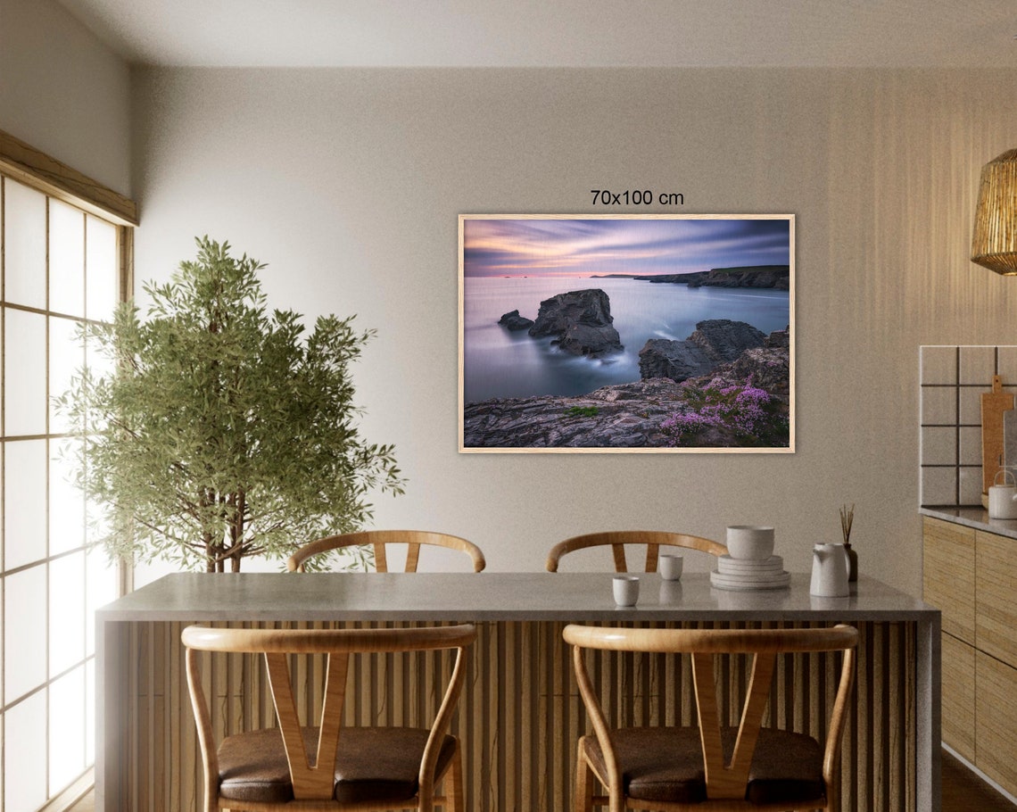 Dramatic Rocky Sea Coast At Dusk With Blooming Wildflowers Poster - Image 3