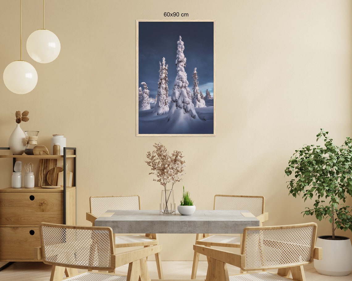 Towering Snow Covered Spruces Under Deep Blue Twilight Sky Poster - Image 2