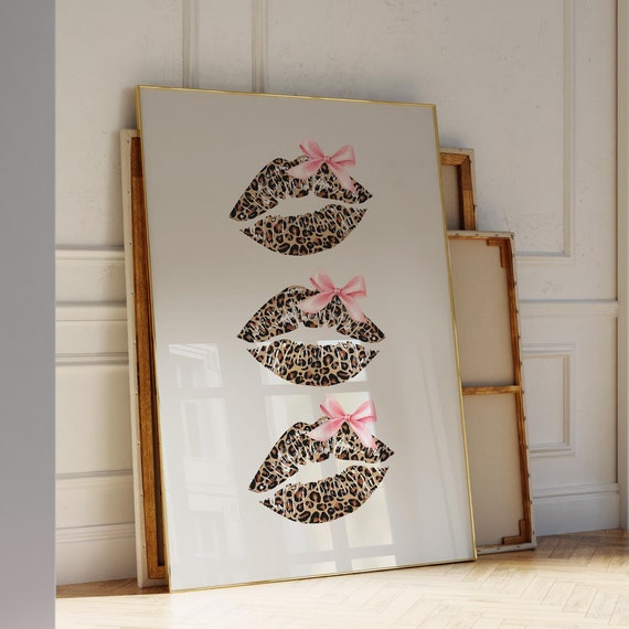 Pink Bow Cheetah Lips, Retro Leopard Art Print