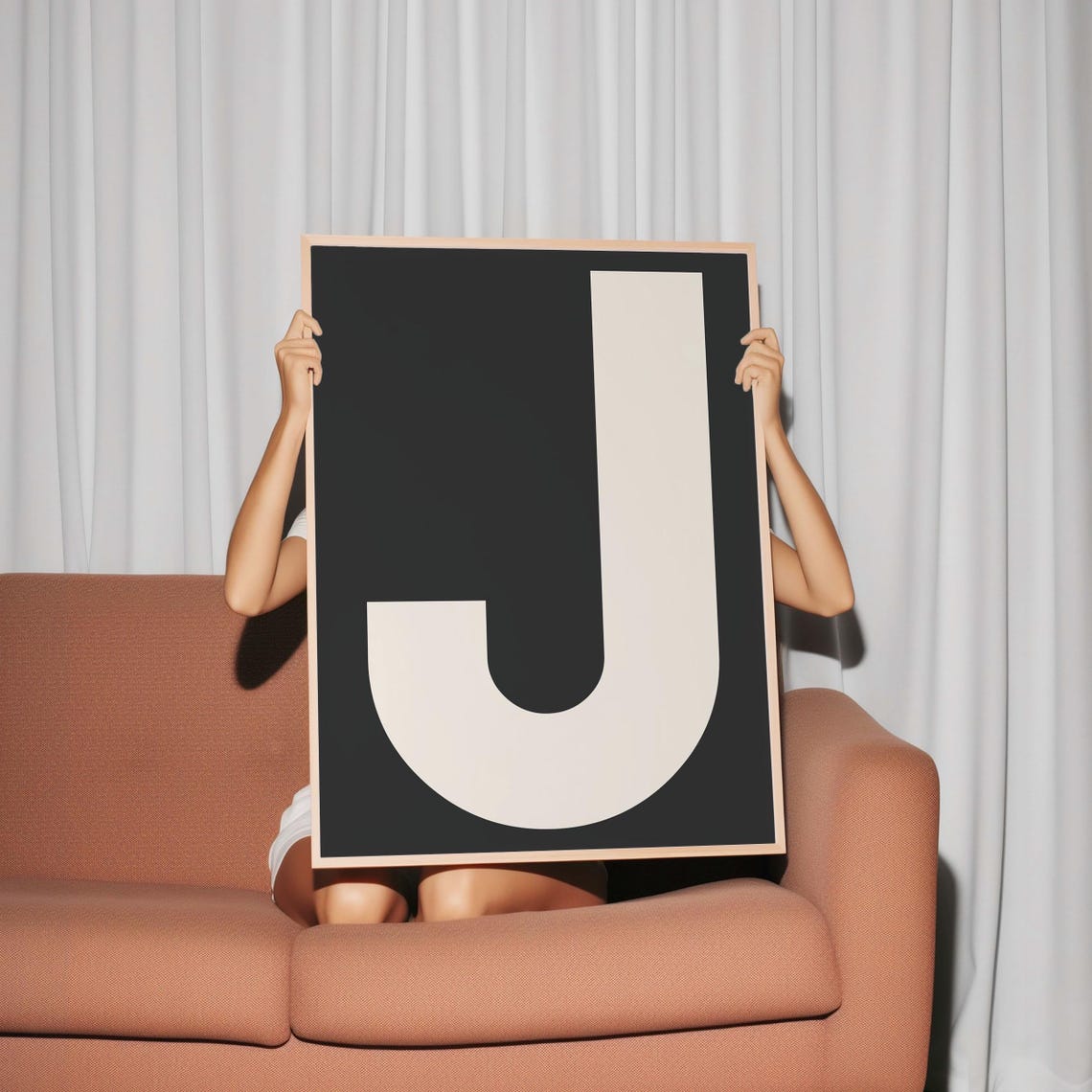 Letter J Bold Monogram Cream on Black Minimalist Initial Poster