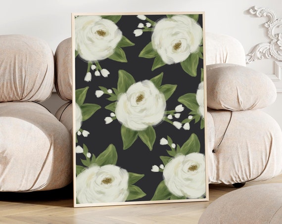 White Peony Flower Art Print Oil Painting Wall Decor Elegant Floral Wall Art Print Moody Flower Painting Vintage Art Print