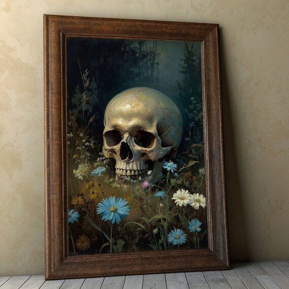 Gothic Skull And Wildflowers Art Print Spooky Botanical Decor