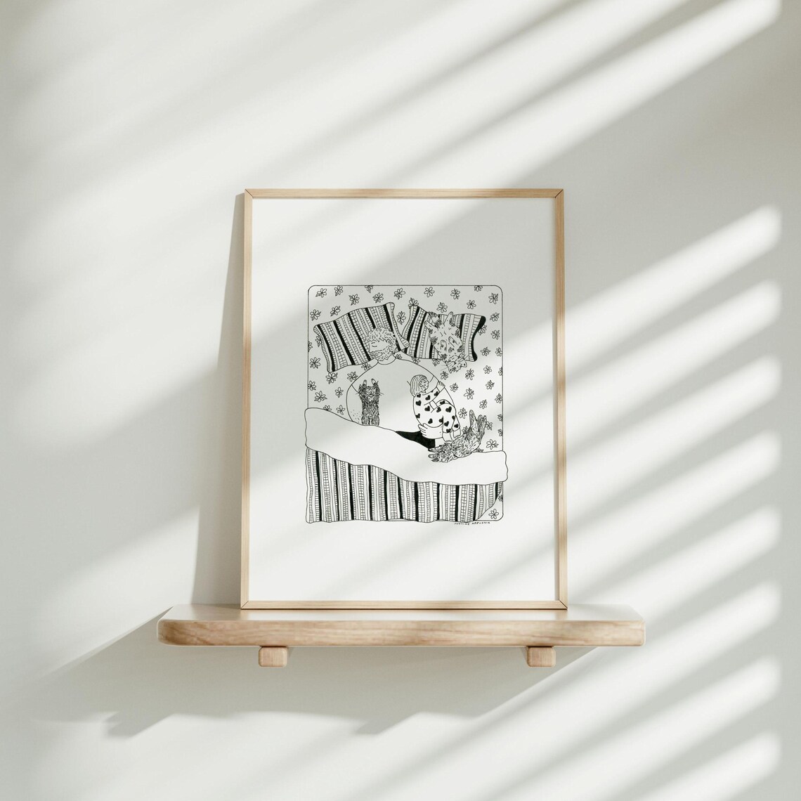 Girl Hugging Her Dog In Bed Black White Line Art Illustration Poster - Image 2
