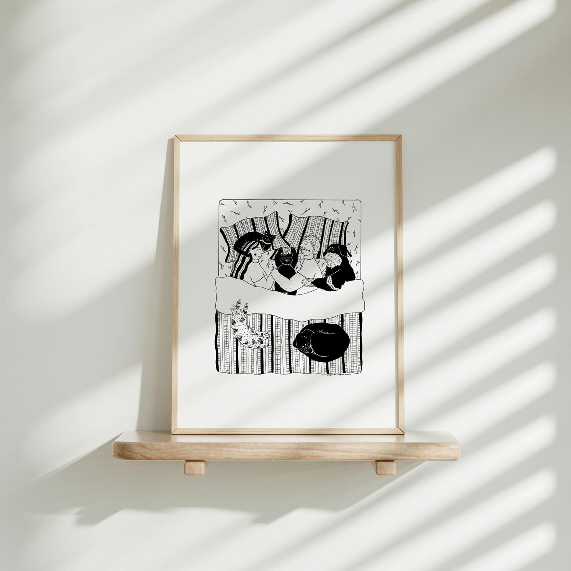 Girl Hugging Her Dog In Bed Black White Line Art Illustration Poster - Image 3