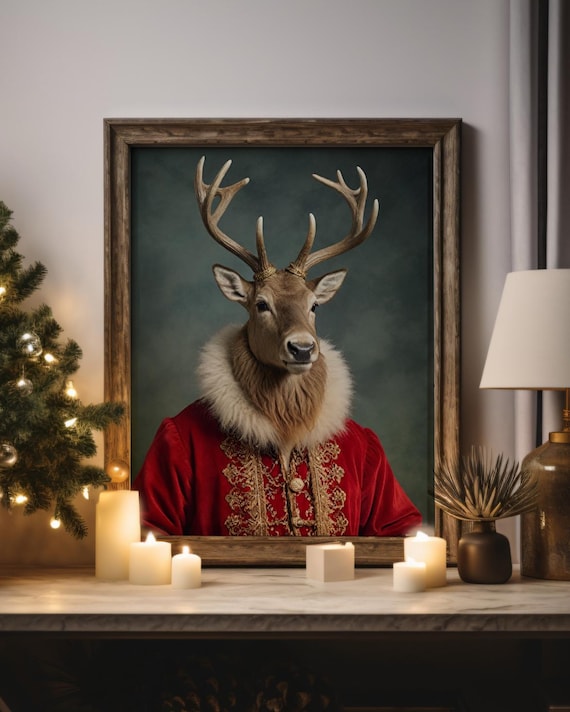Festive Christmas Reindeer Portrait Red Velvet Coat Holiday Poster