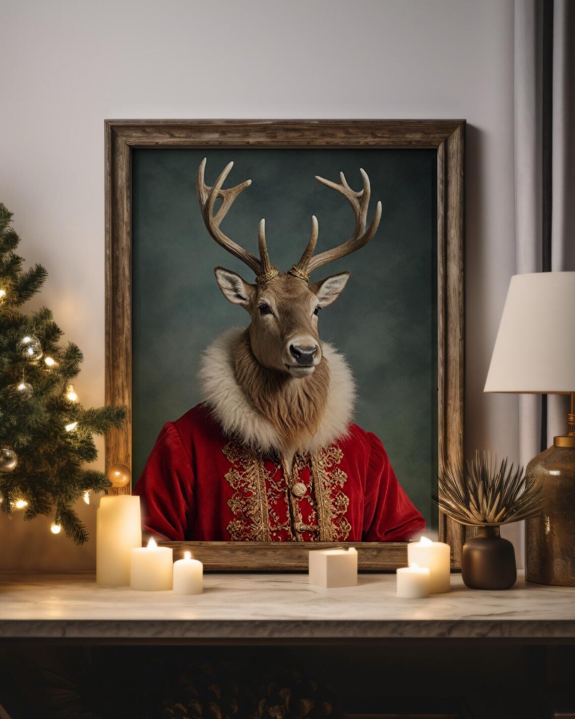 Festive Christmas Reindeer Portrait Red Velvet Coat Holiday Poster