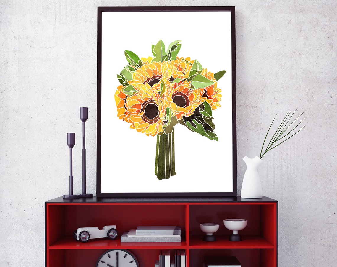 Sunflower Bouquet Watercolor Flowers Wall Art Home Decor Wedding Poster Gift For Mom Prints