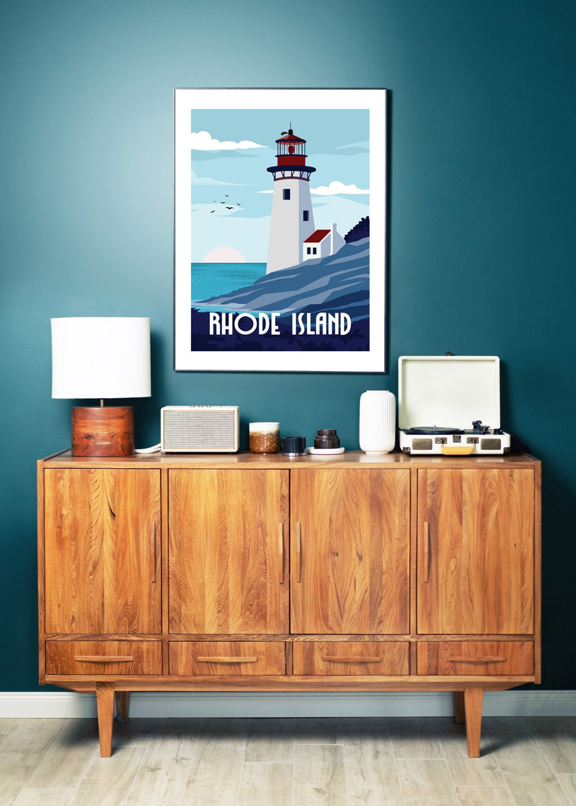 Rhode Island Lighthouse Rocky Coast Sunset Retro Travel Poster - Image 2