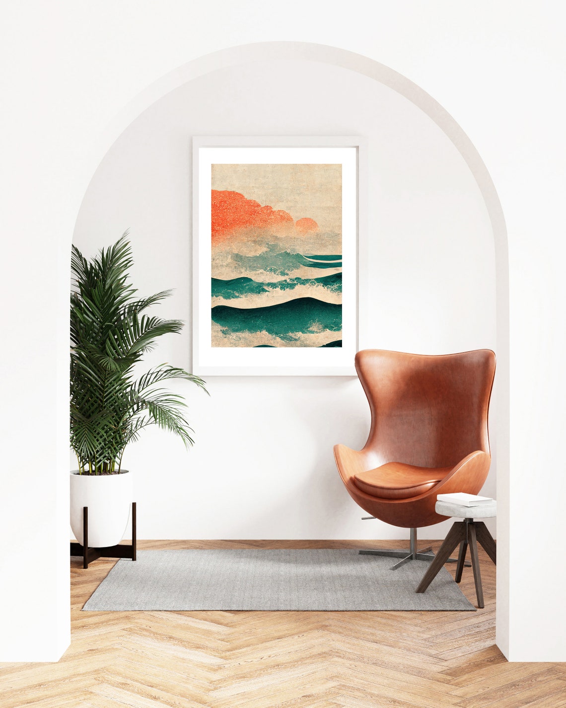 Japanese Wave Ocean Red Sun Vintage Texture Japandi Wall Art - Image 2