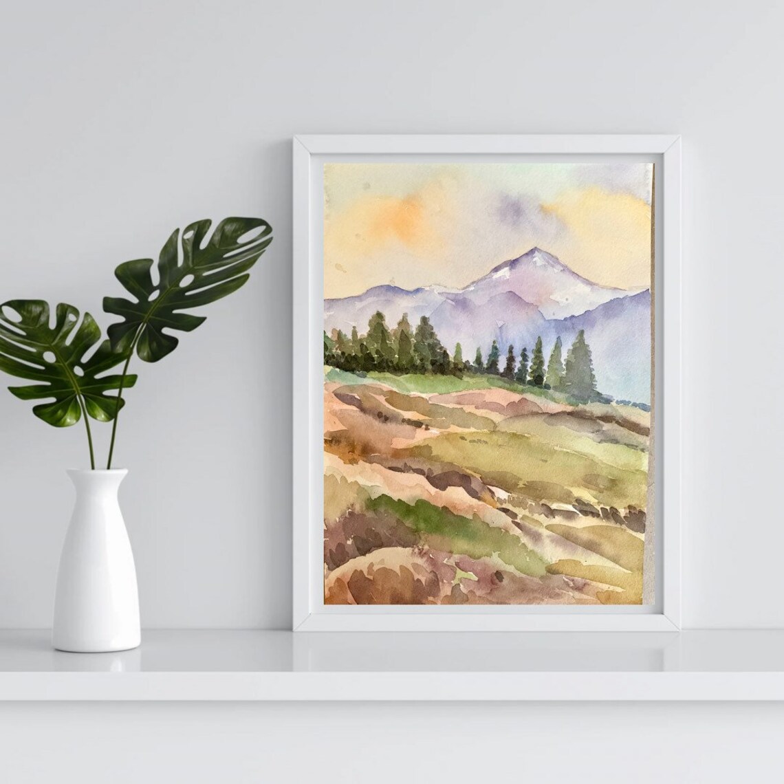 Snow Capped Mountain at Sunrise Watercolor Pine Forest Poster - Image 2