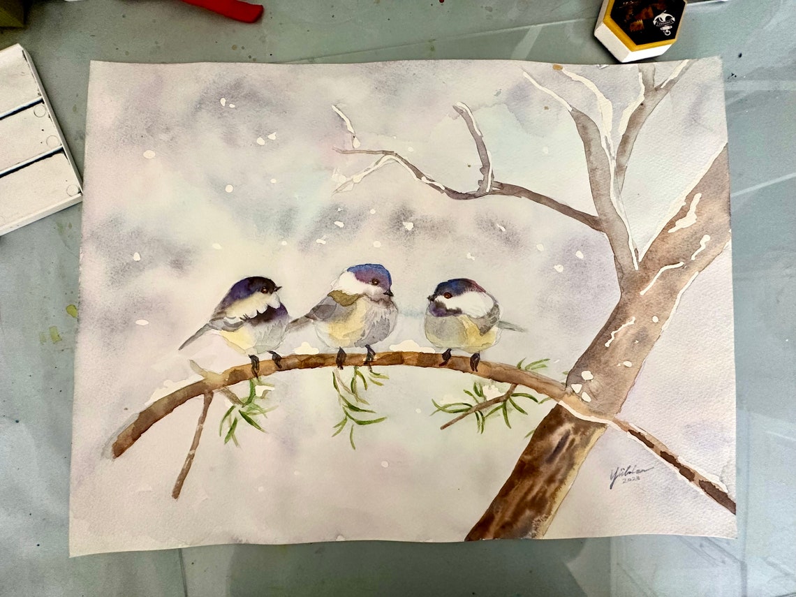 Three Chickadees on Snowy Branch in Falling Snow Watercolor Poster - Image 5