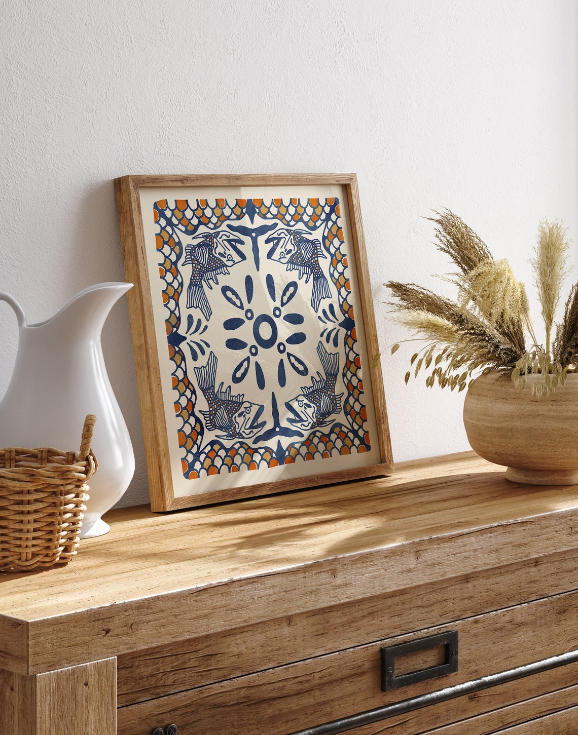 Four Fish Ocean Sun Hand Painted Mexican Tile Style Art Print - Image 2