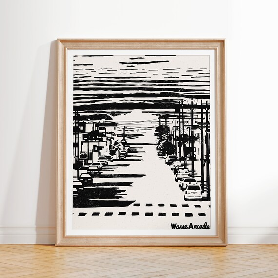 City Set Waves 1 Surf Art Print Black White Illustration Coastal Room Decor Modern Beach House Wall Art Boho Style