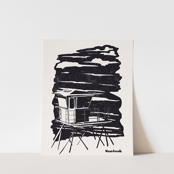 Copy Lifeguard Tower 3 Surf Art Print Black White Illustration Coastal Room Decor Modern Beach House Wall Art