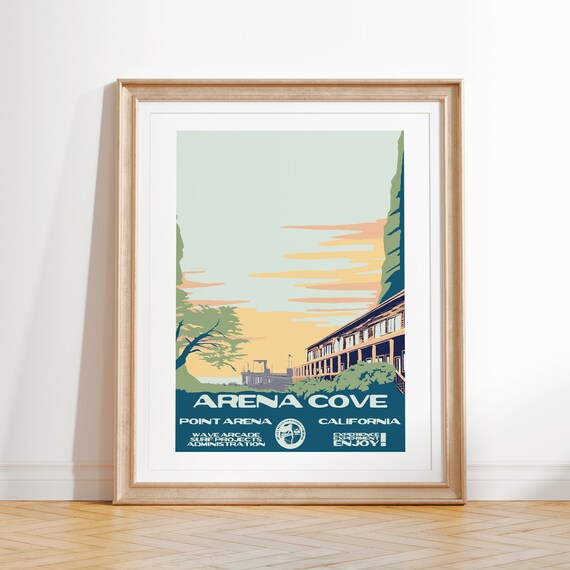 Arena Cove Art Print Vintage National Parks Style Surf Poster Point Arena Ca Coastal Surf Decor