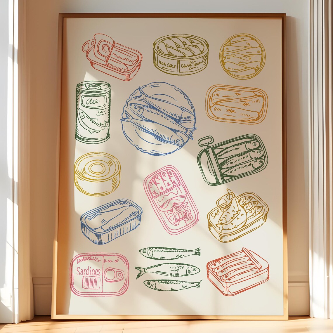 Sardine Tins Colorful Coastal Line Art Quirky Kitchen Decor Poster
