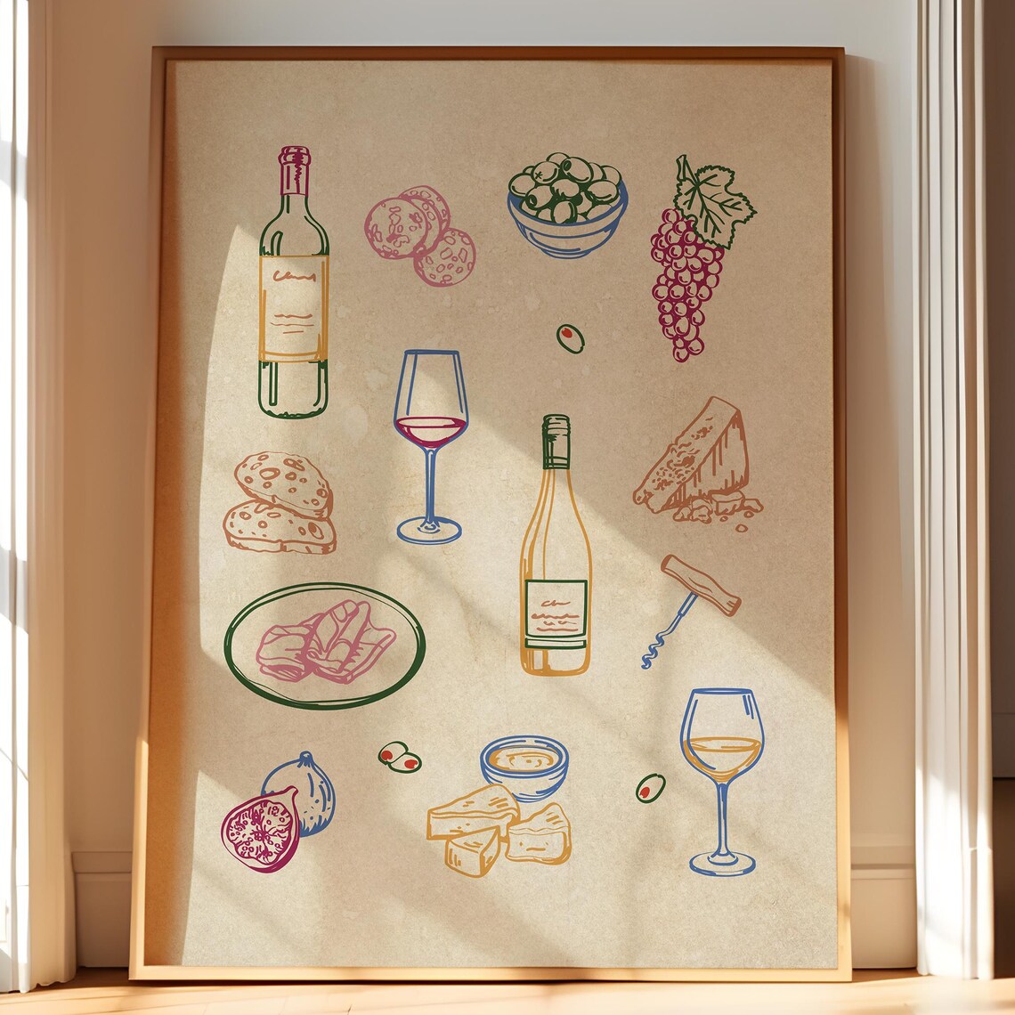 Wine And Cheese Aperitivo Illustration Kitchen Wall Decor Poster