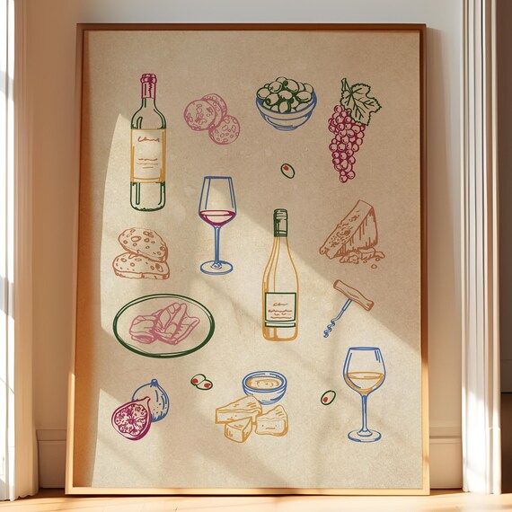 Wine And Cheese Aperitivo Illustration Kitchen Wall Decor Poster