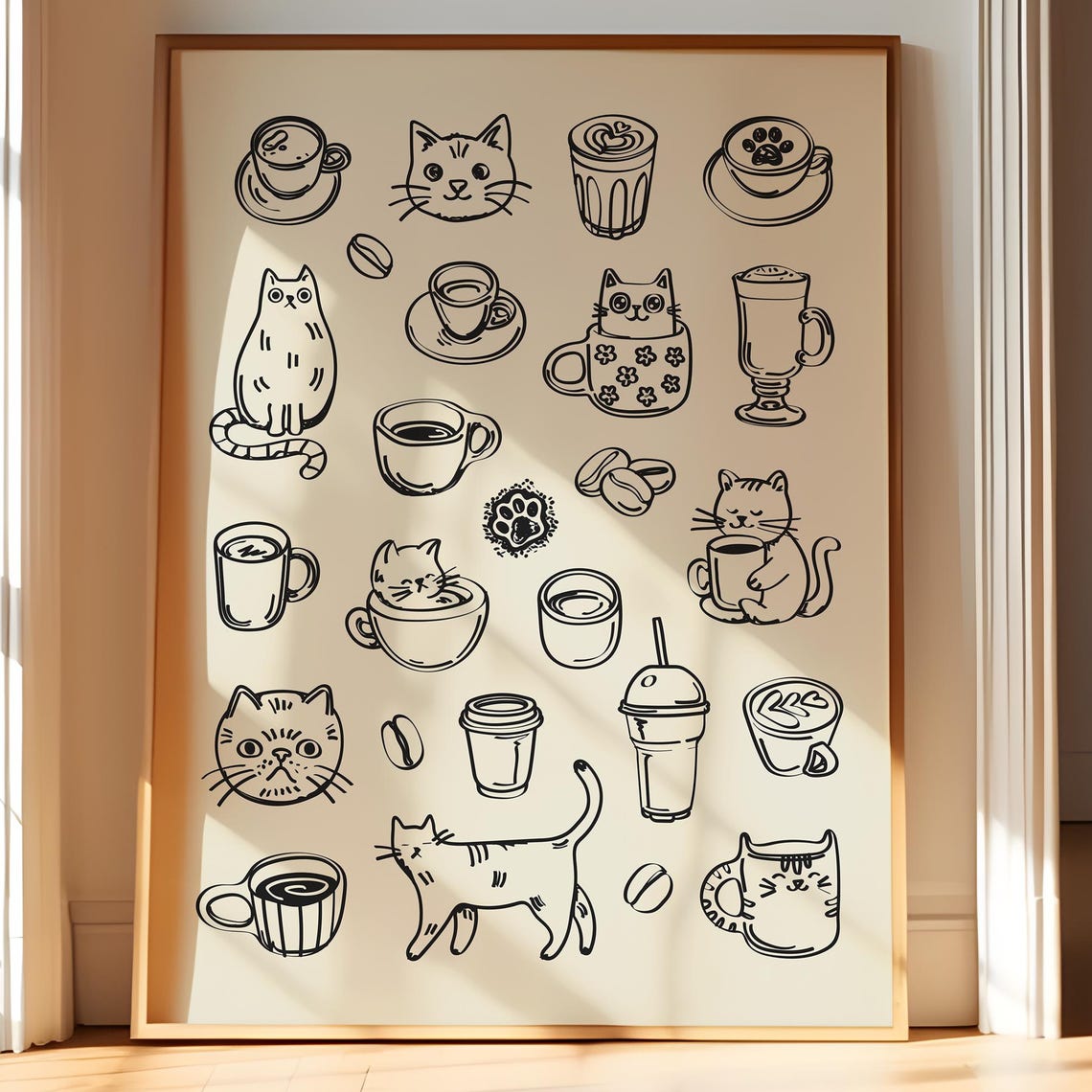 Cats and Coffee Doodle Minimalist Cute Kitten Lover Cafe Poster
