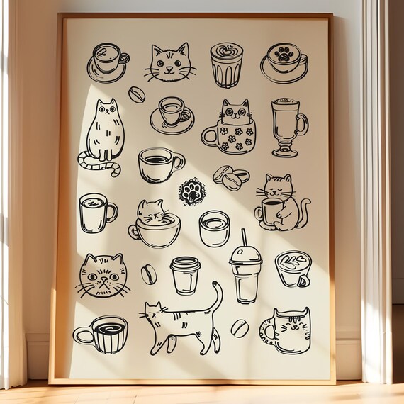 Cats and Coffee Doodle Minimalist Cute Kitten Lover Cafe Poster