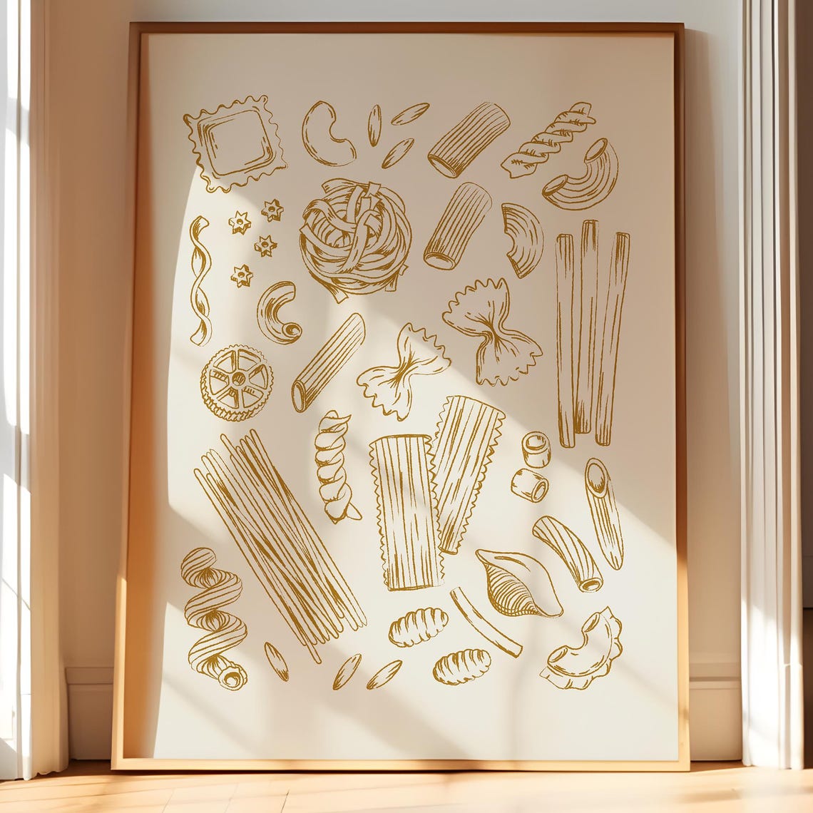 Hand Drawn Pasta Wall Art Golden Yellow Food Illustration Print Whimsical Kitchen Poster Italian Bundle Bistro Dining Decor