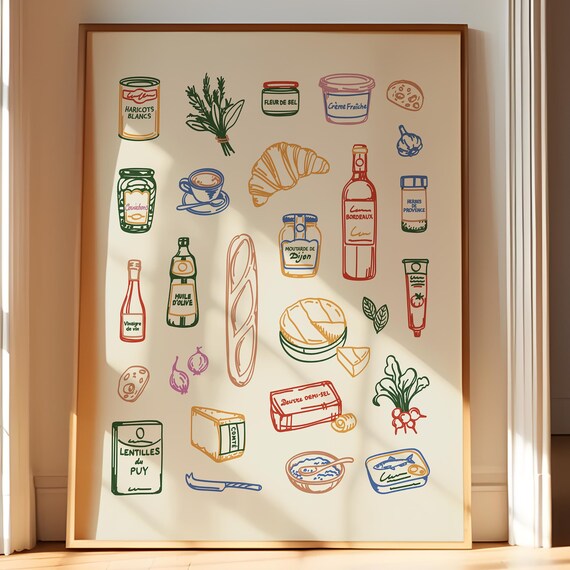 French Pantry Art Hand Drawn Bistro Kitchen Country Grocery Poster