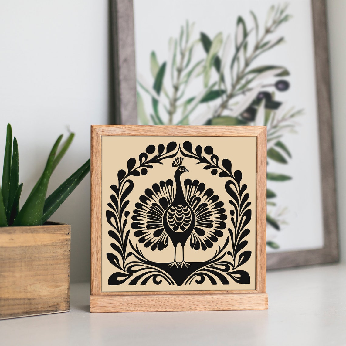 Black Peacock Folk Art Medallion Ornate Bird Scene Art Poster - Image 6