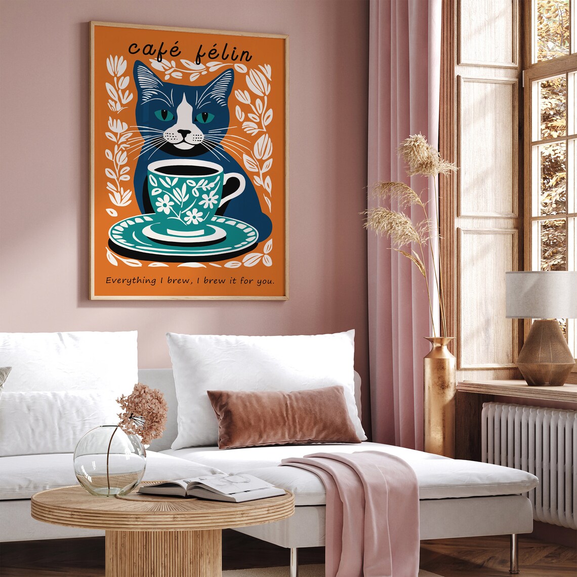 Café Félin Navy Cat With Floral Coffee Cup Vintage Wall Poster - Image 4
